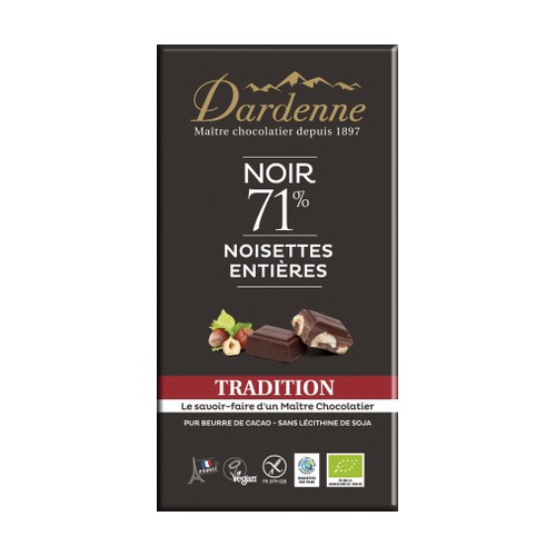 Tablette de Chocolat Sans Gluten Noir Tradition Noisettes 71% Cacao BIO - 100g