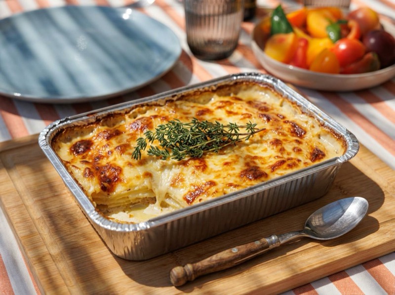 Gratin dauphinois maison servi avec le poulet rôti