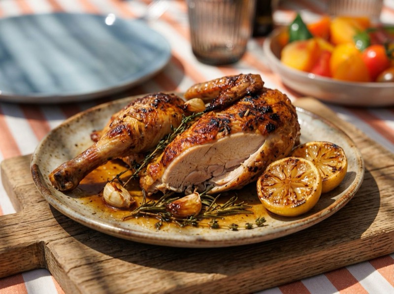 Demi-poulet rôti fermier à la peau dorée et croustillante