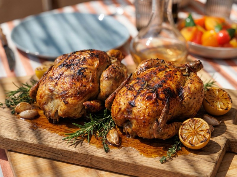 Deux poulets fermiers dans la rôtissoire de la boutique